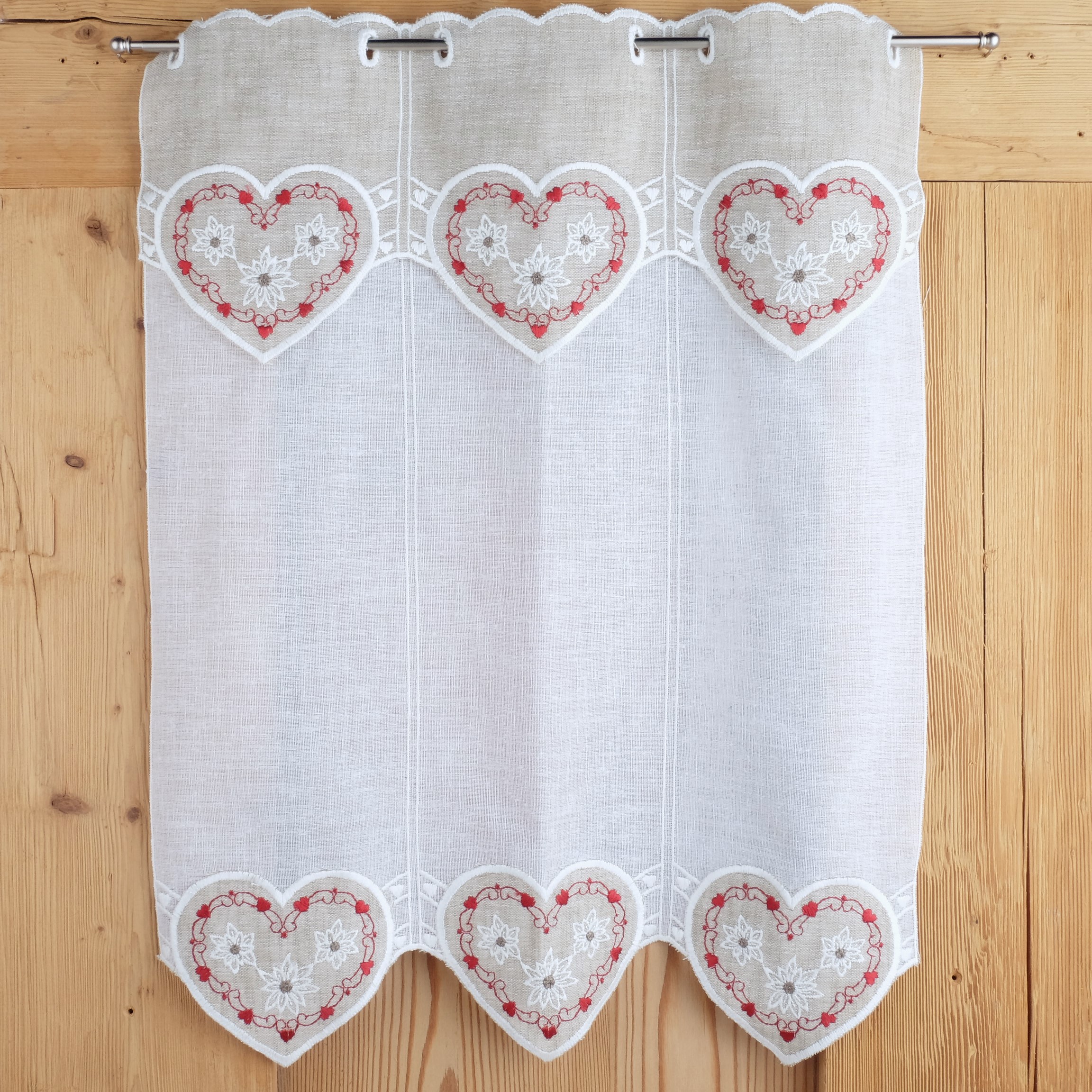 Gaidra Tendina A Vetro Stile Tirolese Su Misura 80x60 Cm, Rosso, Con Ricamo A Cuore E Stelle Alpine - Tenda In Poliestere Semitrasparente, Stile Rustico Montano
