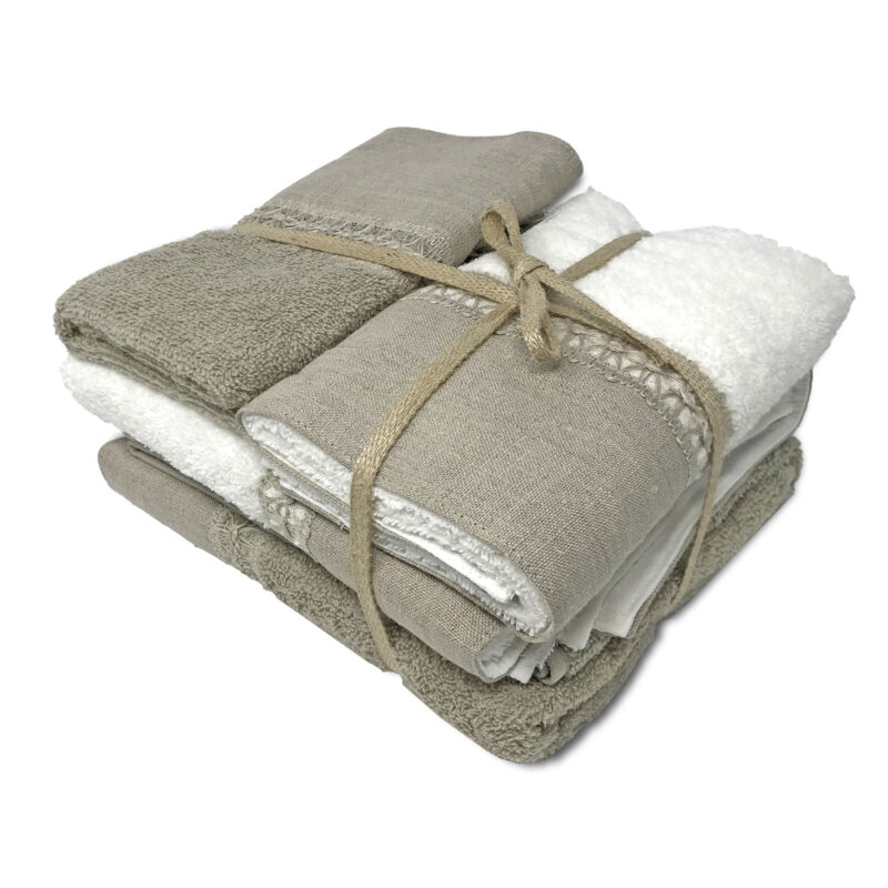 Landhaus Handtuch-Set in Frotte mit Leinenborte, 2x Handtücher + 2x Gästetücher, Farbe Taupe und Weiß