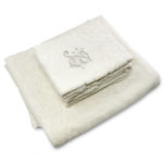 landhaus Handtuch-Set in Frotte mit Leinenborte, 2x Handtücher + 2x Gästetücher, Farbe Anthrazit und Weiß