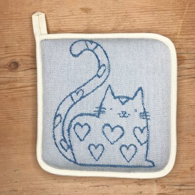 Topflappen mit Katze, 18×18 cm, Farbe Blau