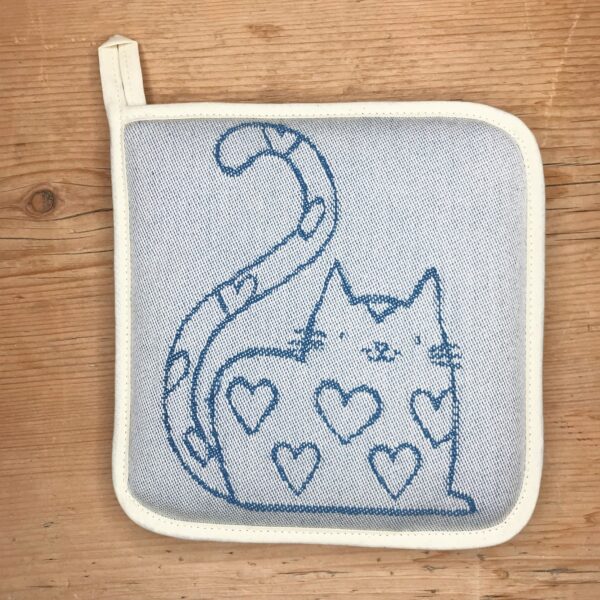 Topflappen mit Katze, 18×18 cm, Farbe Blau