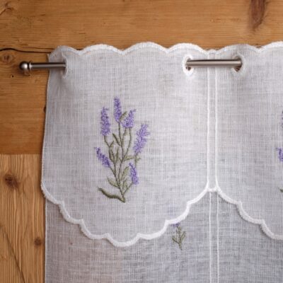 Scheibengardine bestickt mit kleinen Lavendelblüten, im Tiroler Alpenstil, Landhaus- und Shabby-Chic-Bergstil, M-5635