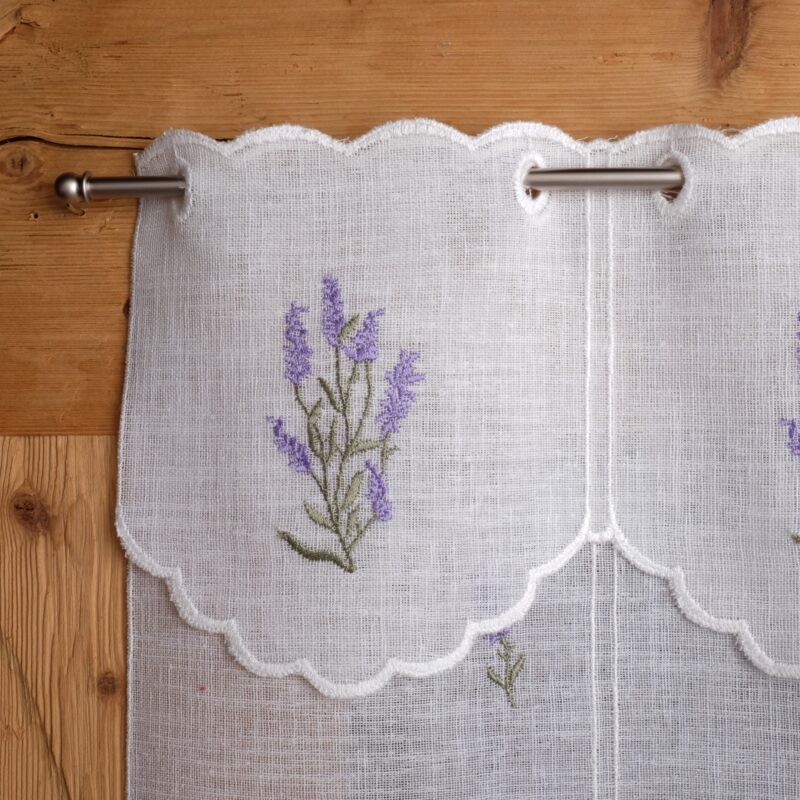 Scheibengardine bestickt mit kleinen Lavendelblüten, im Tiroler Alpenstil, Landhaus- und Shabby-Chic-Bergstil, M-5635