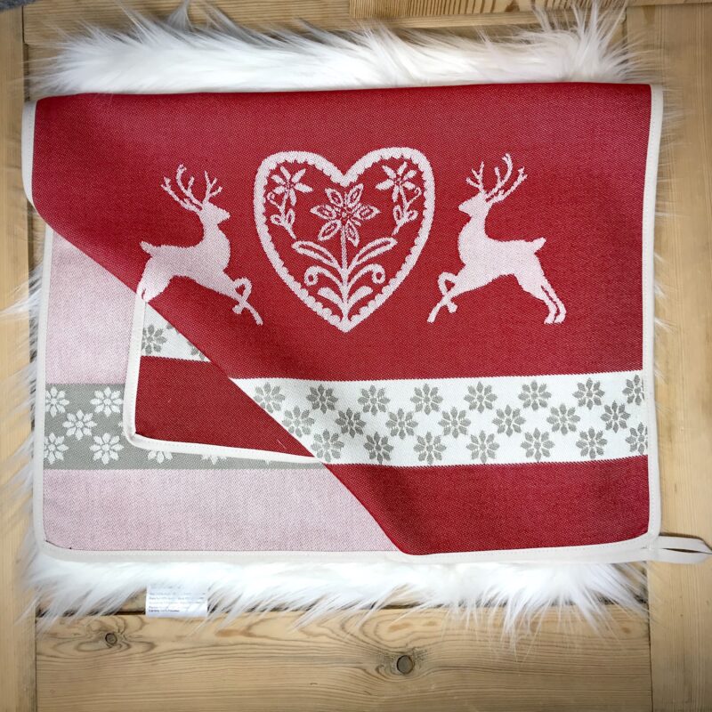 Geschirrtuch mit Hirsch, Herz und Edelweiß Motiv, Landhausstil, 100% Baumwolle, Farbe Rot, 68×45 cm