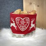 Topflappen mit Herz Motiv, Landhausstil, Farbe Rot und Beige, 18×18 cm, 100% Baumwolle