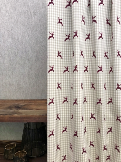 Vorhänge nach Maß, mit Hirschen kariert, Landhausstil Country, rot beige, Meterware