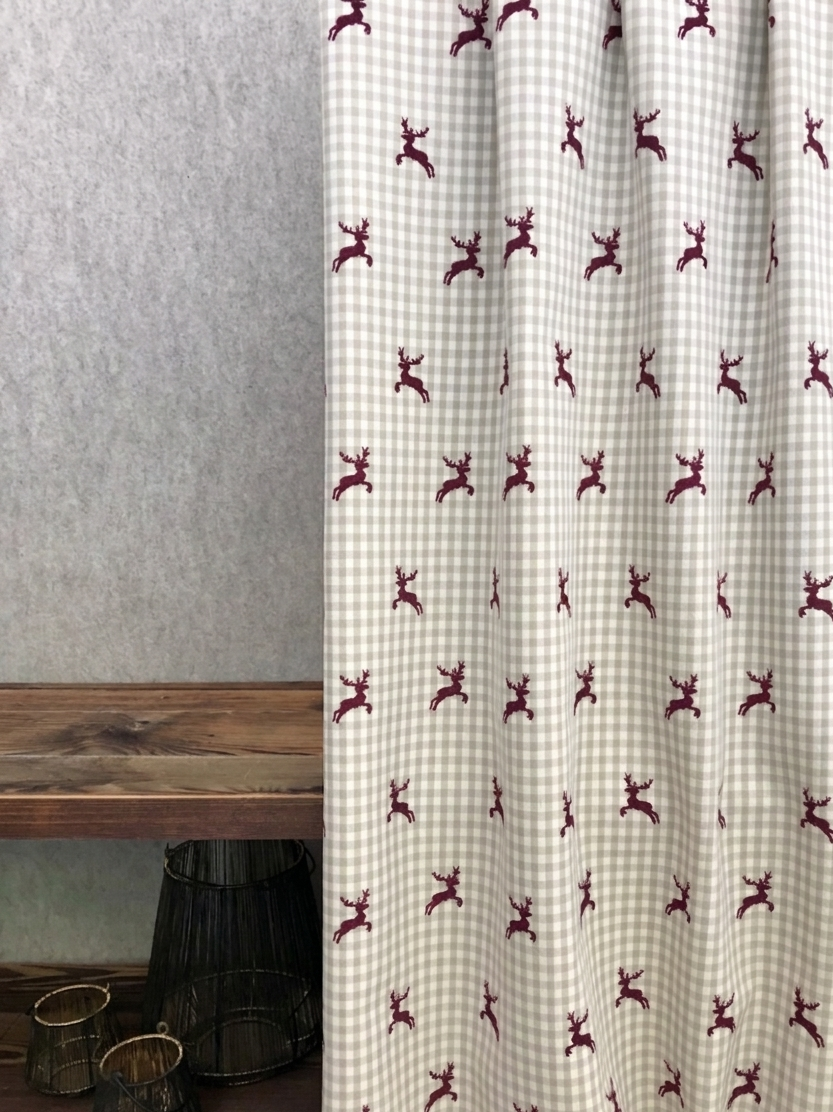 Vorhänge nach Maß, mit Hirschen kariert, Landhausstil Country, rot beige, Meterware Vorhänge nach Maß, mit Hirschen kariert, Landhausstil Country, rot beige, Meterware