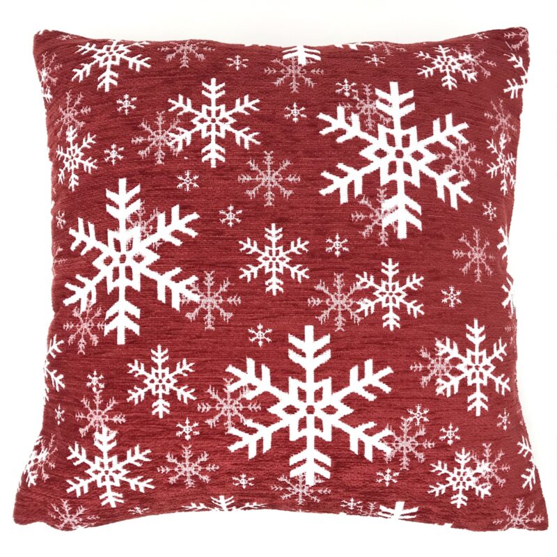 Kissen mit Schneeflocken Schneekristalle, Chenillebezug, Farbe rot, 44×44 cm