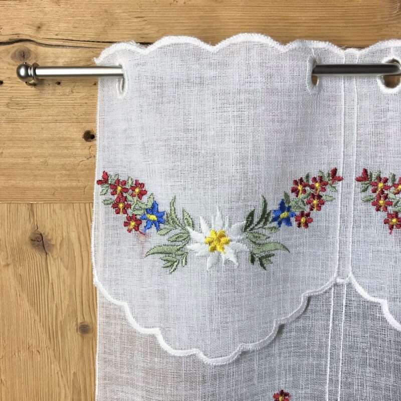 Scheibengardine bestickt mit Alpenblumen, Landhausstil, Shabby Chic, Bistrogardine, Fensterdeko, 6961