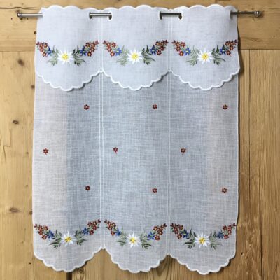 Scheibengardine bestickt mit Alpenblumen, Landhausstil, Shabby Chic, Bistrogardine, Fensterdeko, 6961