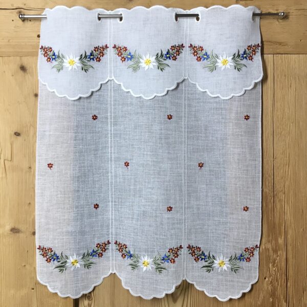 Scheibengardine bestickt mit Alpenblumen, Landhausstil, Shabby Chic, Bistrogardine, Fensterdeko, 6961
