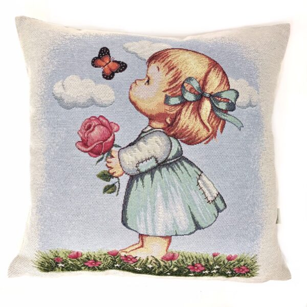 Kissen „Mädchen mit Blume & Schmetterling“, 44×44 cm