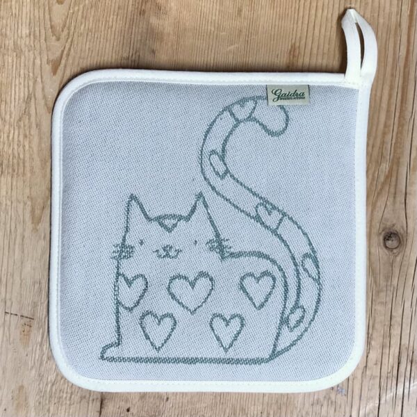 Topflappen mit Katze, 18×18 cm, Farbe Türkis