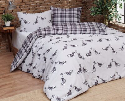 Bettwäsche mit Dackel und Schotten Karo, doubleface, Grau