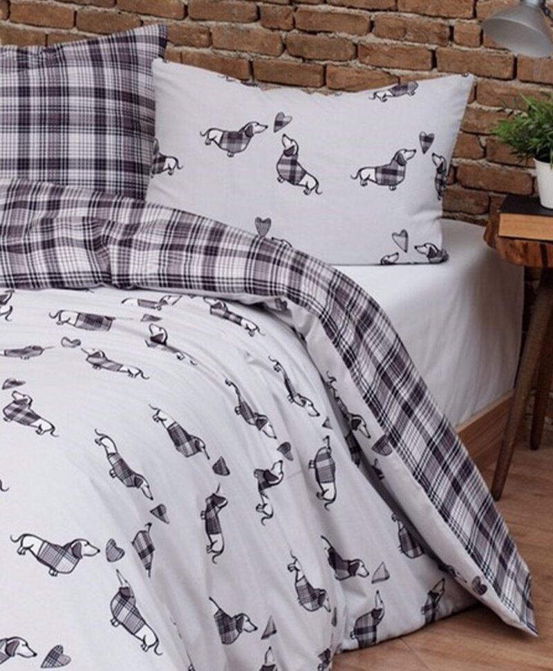 Bettwäsche mit Dackel und Schotten Karo, doubleface, Grau