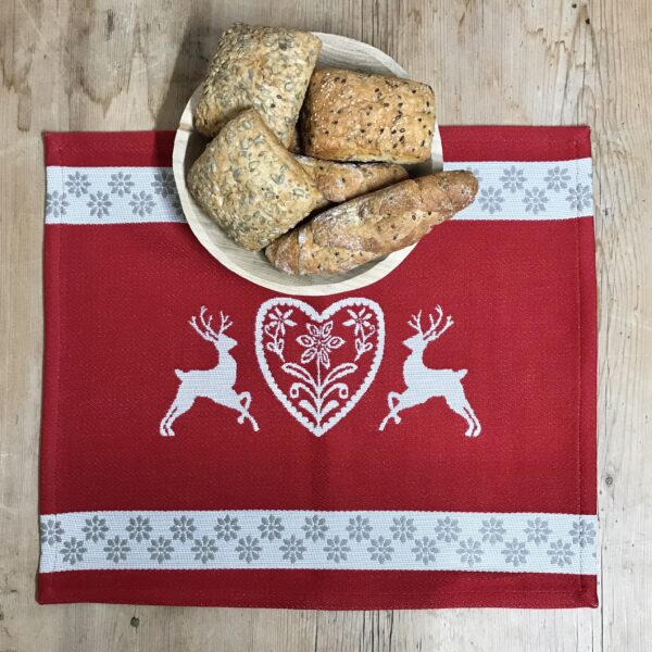 Tischset Platzset, HIRSCH, HERZ UND EDELWEIß Motiv, Landhausstil, 100% Baumwolle, rot dunkle Seite