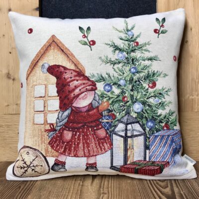 Kissen Weihnachtsbaum und Kind im Schnee, Gobelin, 44×44 cm