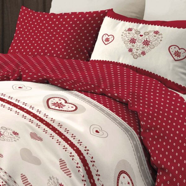 Bettwäsche CHAMBERY Rot mit Herzmuster im Alpenstil aus 100% Baumwolle