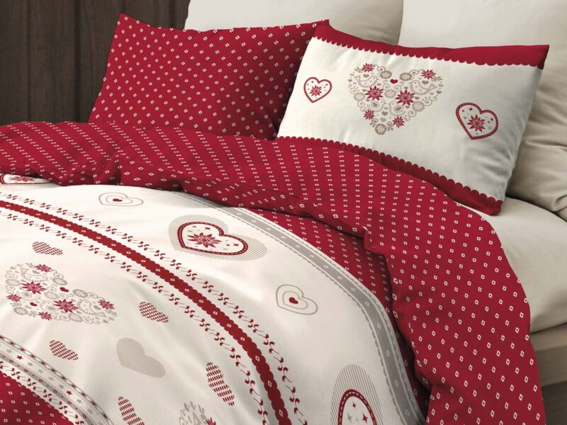 Bettwäsche CHAMBERY Rot mit Herzmuster im Alpenstil aus 100% Baumwolle