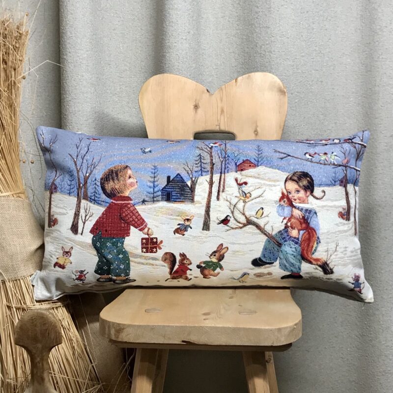 Kissen mit KINDER und Winterlandschaft, Gobelin, 40×70 cm