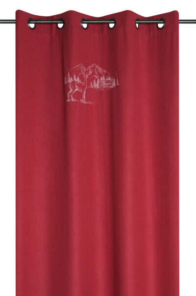 Roter Vorhang mit Stickerei: Hirsch, Berg und Hütte, Berglandschaft mit festen Ösen, PLANAY ROUGE 135×260