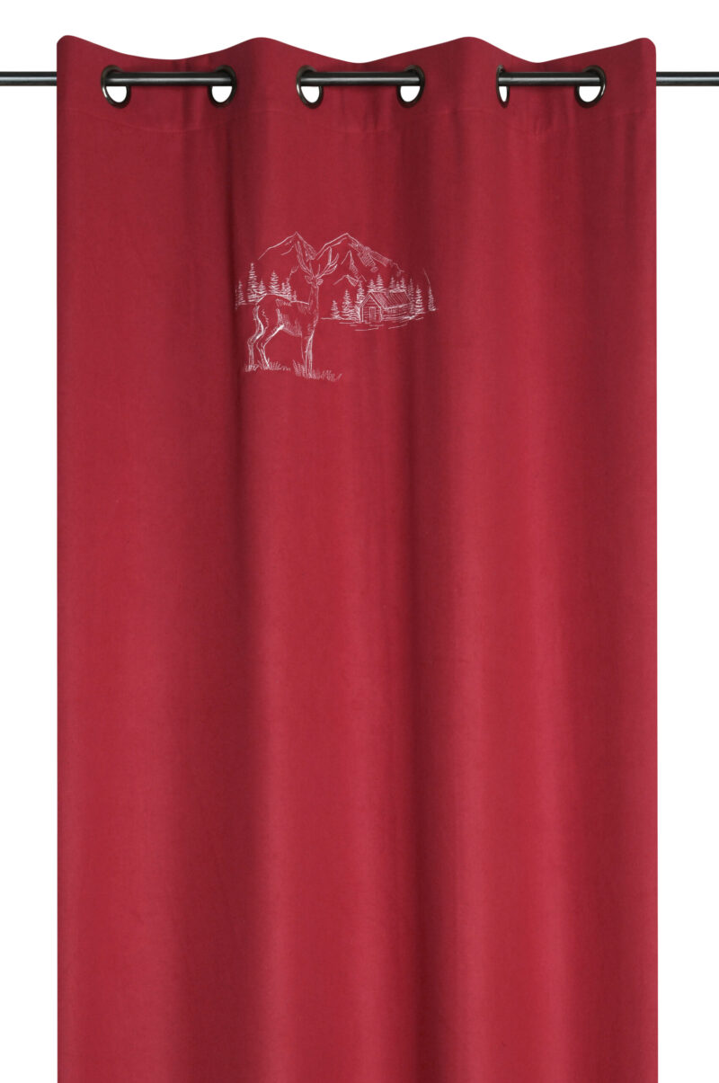 Roter Vorhang mit Stickerei: Hirsch, Berg und Hütte, Berglandschaft mit festen Ösen, PLANAY ROUGE 135×260