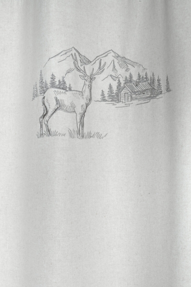 Vorhang mit Stickerei: Hirsch, Berg und Hütte, Berglandschaft mit festen Ösen, PLANAY NATUREL 135×260