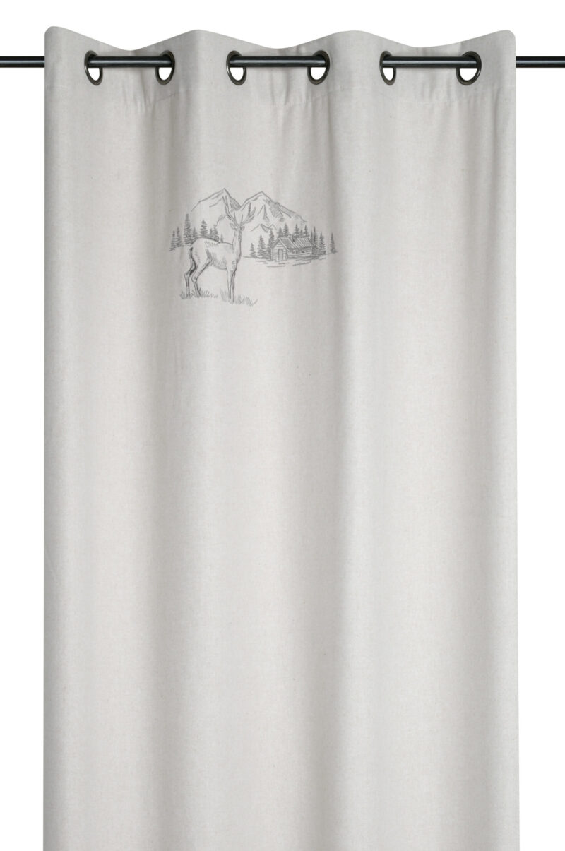 Vorhang mit Stickerei: Hirsch, Berg und Hütte, Berglandschaft mit festen Ösen, PLANAY NATUREL 135×260