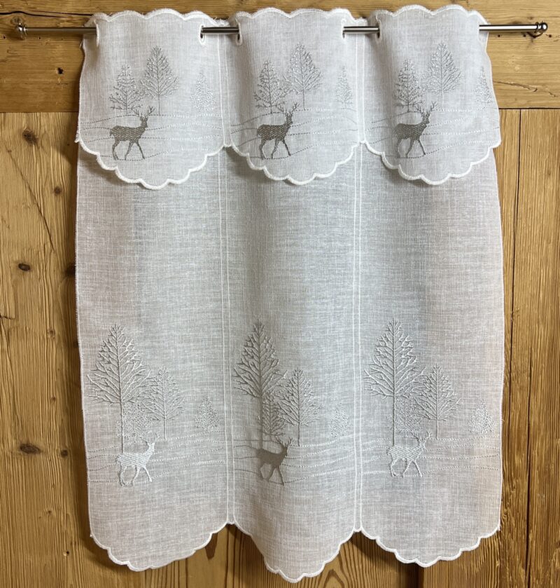 Scheibengardine bestickt mit Hirsch und silbernem Wald, Landhausstil, elegant – M 7937