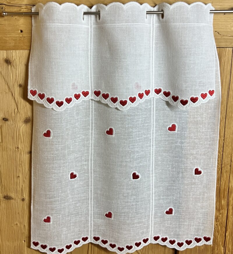 Scheibengardine Küche mit Roten Herzen Bestickt – Tiroler Landhausstil Bistrogardine Weiß/Rot – Modell Z-3717