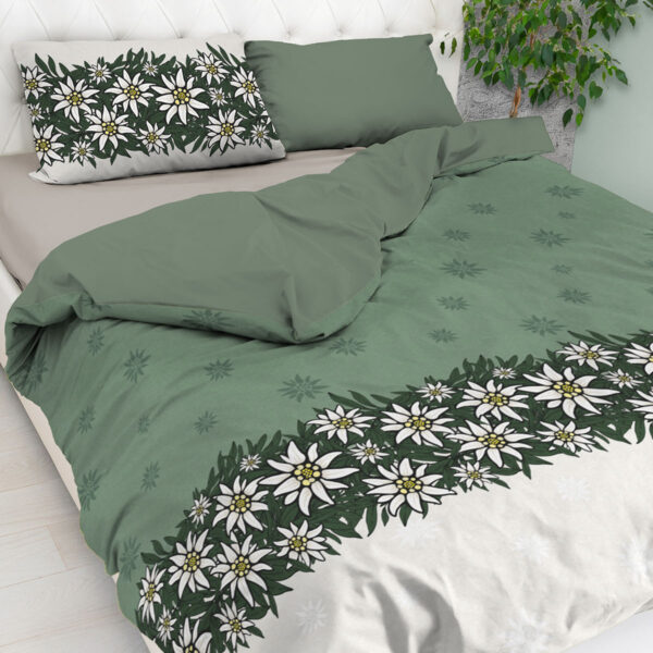 Bettwäsche ALPIFLORA Grün mit Edelweißmotiv im Alpenstil, 100% Baumwolle Garnitur