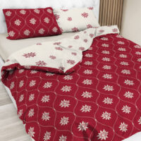 Bettwäsche-Set mit Zwergen, Elfen, Hirschen und Winterlandschaft im Alpen Stil, aus reiner Baumwolle – FIABA in Bordeauxrot