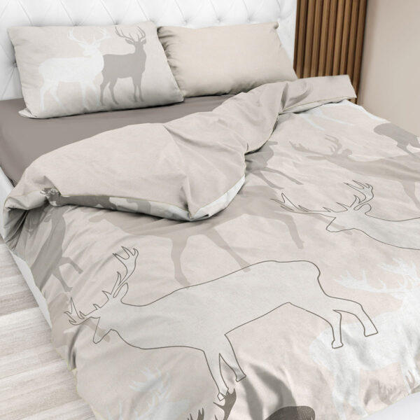Bettwäsche ROCHER Taupe mit Hirschen, 100% Baumwolle im Alpen-Landhausstil