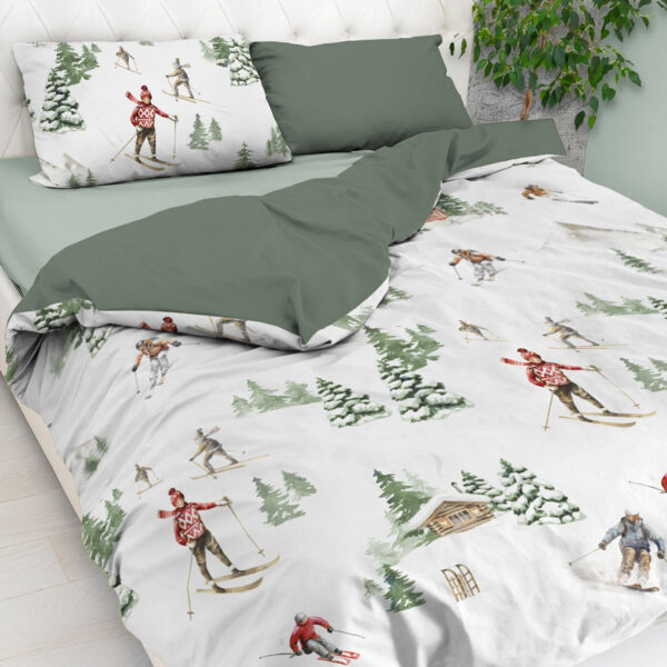 Bettwäsche-Set mit Skifahrern und Winterlandschaft, aus reiner Baumwolle – SCI MONAMOUR Grün Bettwäsche-Set mit Skifahrern und Winterlandschaft, aus reiner Baumwolle – SCI MONAMOUR Grün