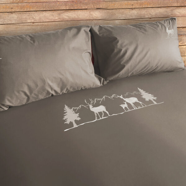 Bettwäsche-Set aus Satin mit Alpenmotiv Stickerei Hirsch und Berge, MOUNTAIN, Farbe Taupe