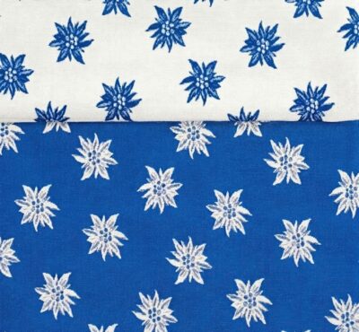 Stoff Landhausstil Tirol, „Geo Edelweiß blau“, Tischdecke, Kissen und Stoffabschnitte