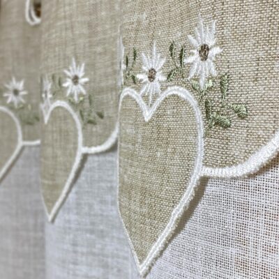 Scheibengardine mit Herzstickerei und Edelweiß, beige, Landhausstil, M-8134