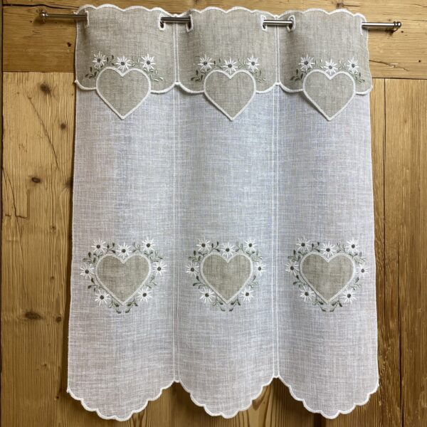 Scheibengardine mit Herzstickerei und Edelweiß, beige, Landhausstil, M-8134