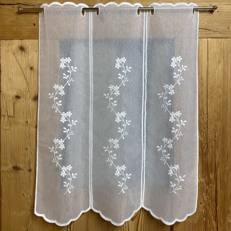 Scheibengardine Shabby Chic, Bistrogardine Weiß Transparent mit Blumenstickerei M-8211