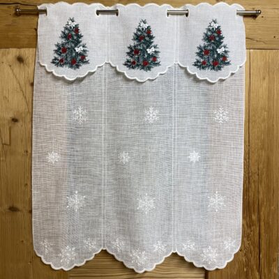 Scheibengardine nach Maß, bestickt mit Schneekristalle und Weihnachtsbaum mit Glitzer, M-7224a