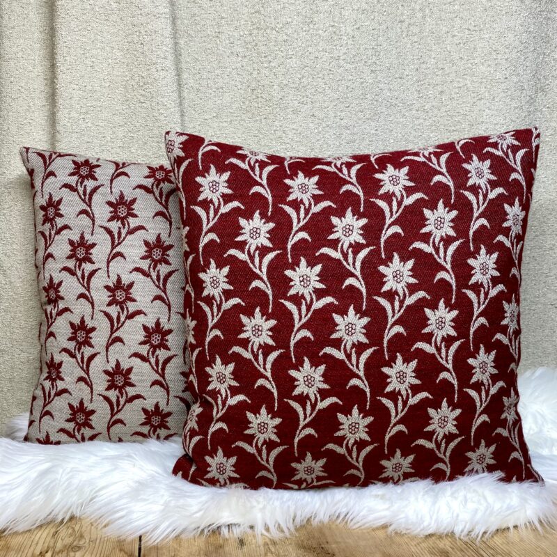 Elegantes Alpenkissen mit Edelweiß-Blumenmotiv 44×44 cm, Wolloptik, Bordeaux
