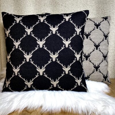 Dekokissen Hirsch Motiv Schwarz und Beige 44×44 cm, modernen Landhausstil, Chalet Look