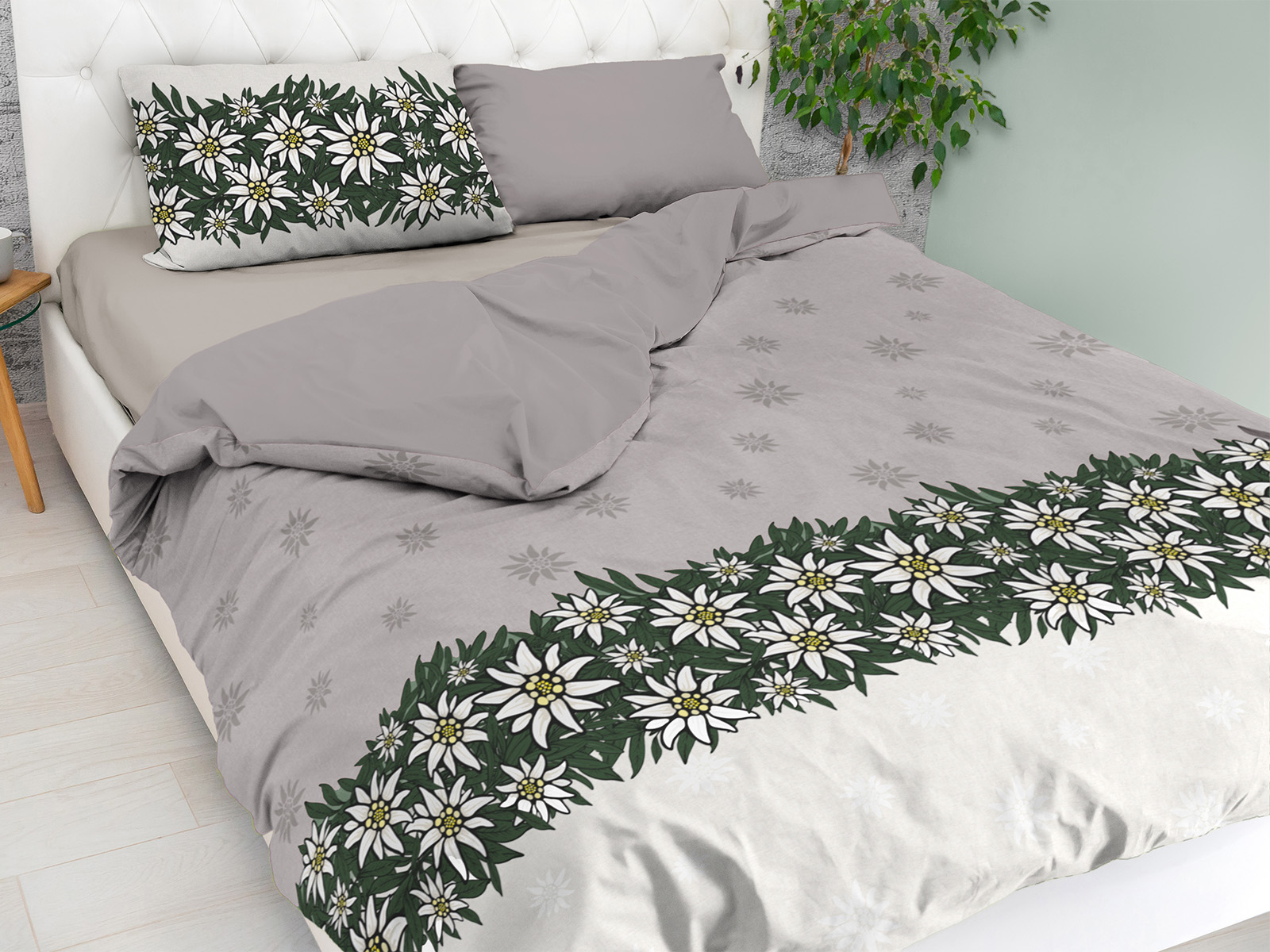 Bettwäsche ALPIFLORA Grau mit Edelweißmotiv im Alpenstil, 100% Baumwolle Garnitur Bettwäsche ALPIFLORA Grau mit Edelweißmotiv im Alpenstil, 100% Baumwolle Garnitur