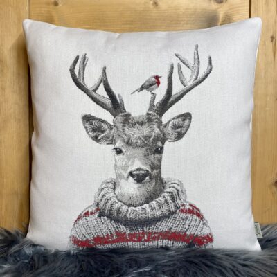 Dekokissen Hirsch mit Rotkehlchen, 44x44cm, Landhausstil