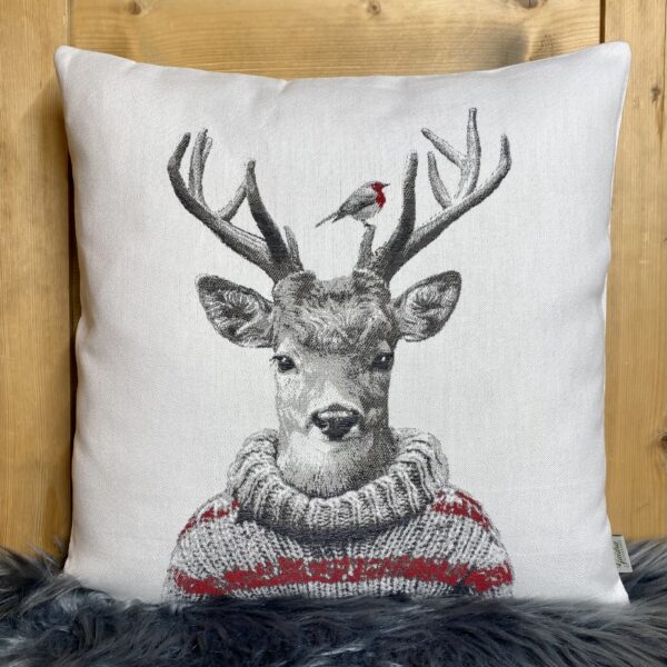 Dekokissen Hirsch mit Rotkehlchen, 44x44cm, Landhausstil