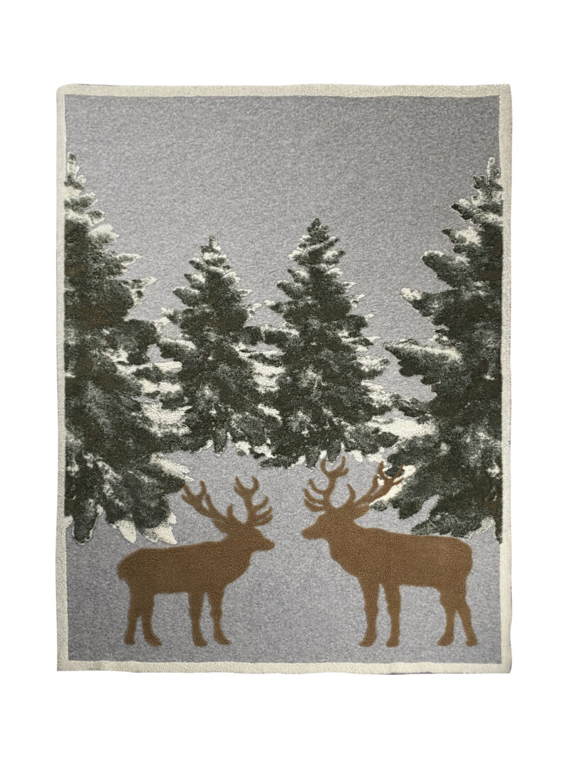 Dekorativer Plaid mit Winterlandschaft und Rentieren, 150 × 200 cm Beige/Grün