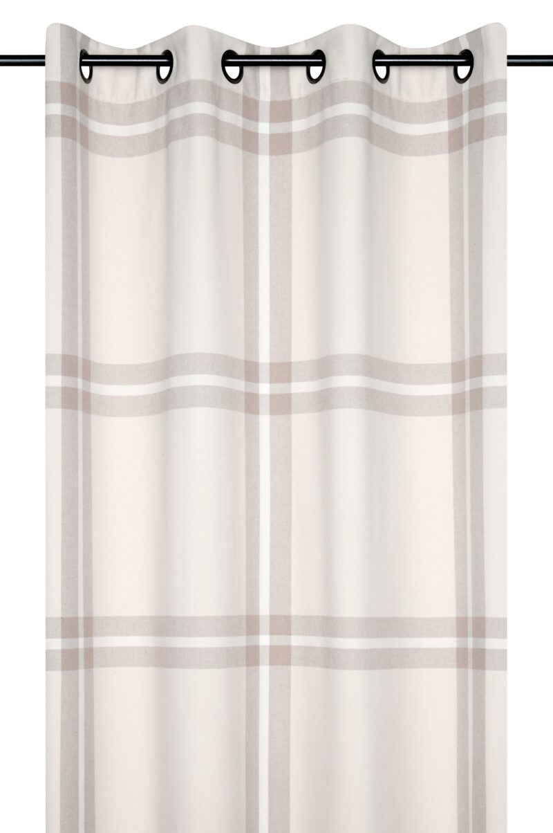 Vorhang mit Karomuster Beige, Wolloptik mit festen Ösen, 140×260 cm