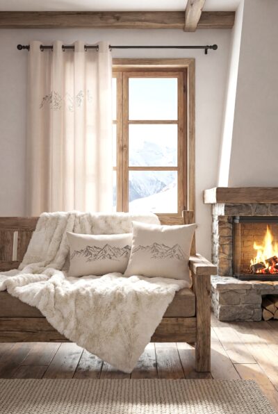 Vorhang mit alpinen Bergmotiv, Wolloptik mit festen Ösen, beige, 140 x 240 cm